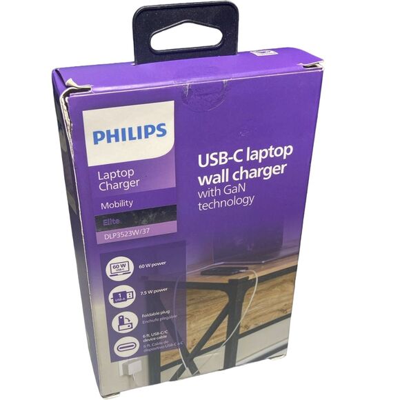 Philips 67.5W GaN USB-C PD Wall Charger + 6ft Cable, Dual Port, BOX WEAR See Pic - Picture 2 of 7